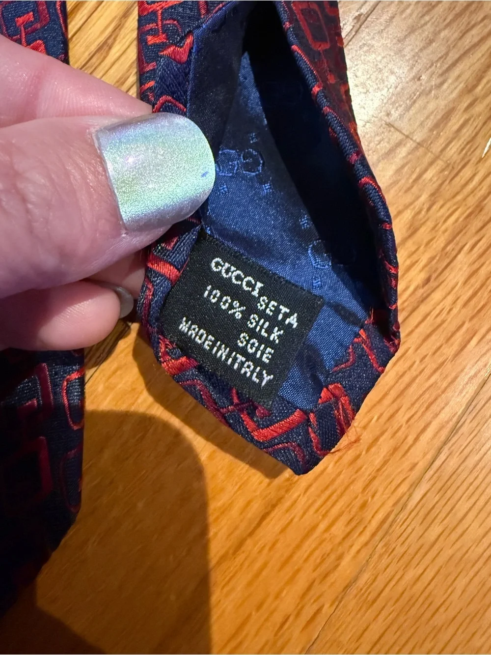 Gucci Vintage Navy and Red Geometric Silk Tie